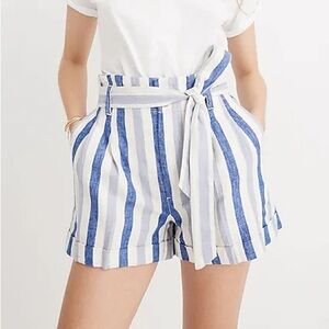 Madewell Linen Blue Striped Paper Bag Belted Shorts
